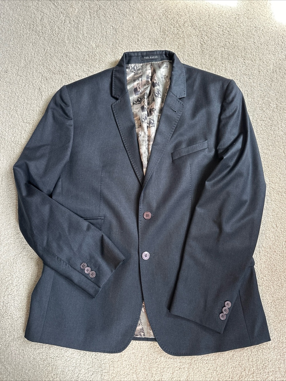 Ted Baker Men's Wool Charcoal Gray Two-Button Blazer with Cinema Theme Lining